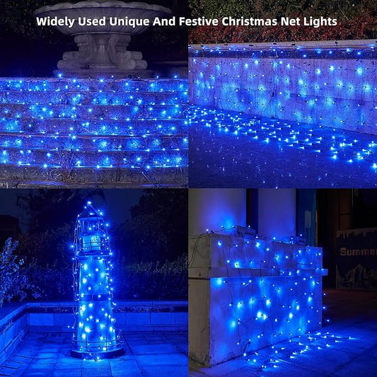 Dirnun Led Christmas Net Lights Blue Outdoor Christmas Lights 160LED 5ftx7ft, Waterproof Outdoor Indoor Fairy Mesh Net Light for Xmas Party, Yard, Patio, Trees, Shrubs, Bushes Decorations