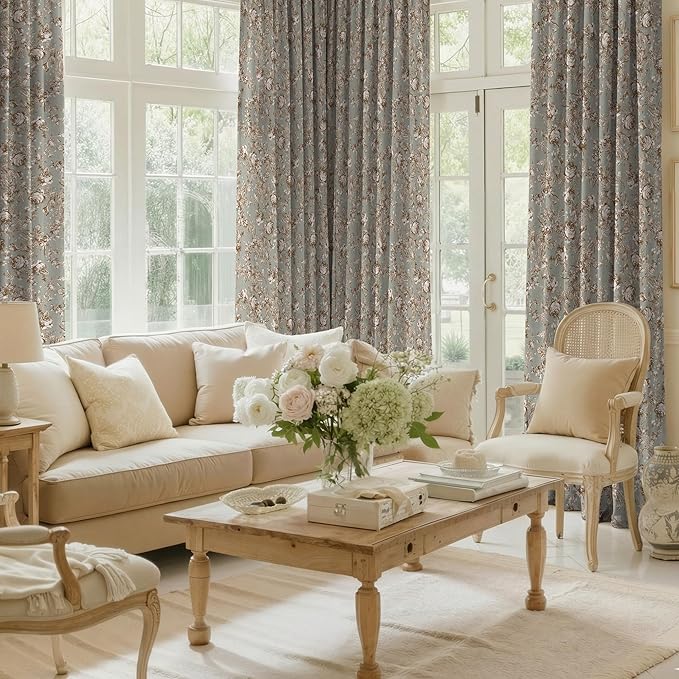 StangH Vintage Velvet Floral Curtains for Bedroom, Rose Pattern Printed Curtains with Classic Style Energy Efficient Decorative Panels for Sliding Door,Pea Green, W52 x L84, 2 Panels