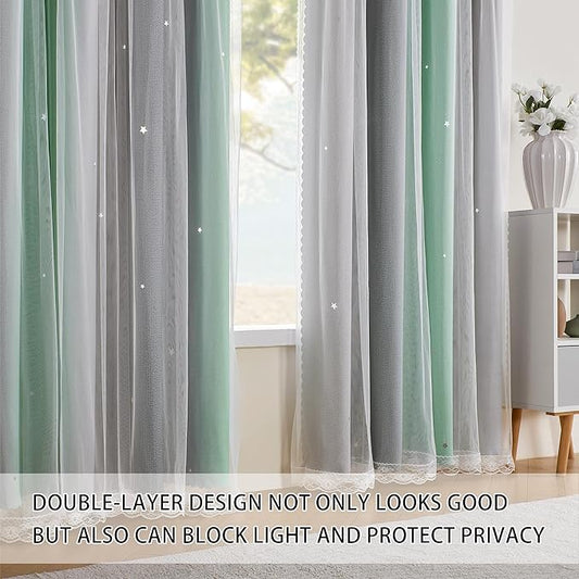 XiDi Green Grey Curtains for Girls Bedroom Decor Kids Blackout Curtains for Nursery Room Darkening Rainbow Princess Unicorn Wall Decals Little Girl Grommet Top 52x45 Inches Long 2 Panels Set