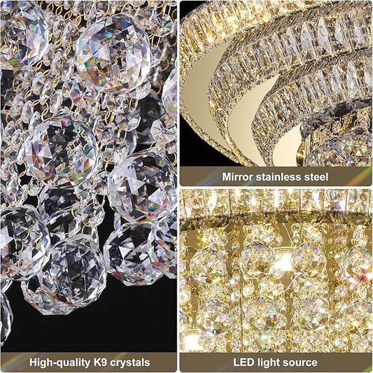 Miuyhji 40" LED Crystal Raindrop Ceiling Light,Rose Gold, Large Elegant Semi Flush Mount Chandelier Light Fixture with Remote Control for Living Room Kitchen Bedroom Hallway Entryway Foyer(Dimmable)