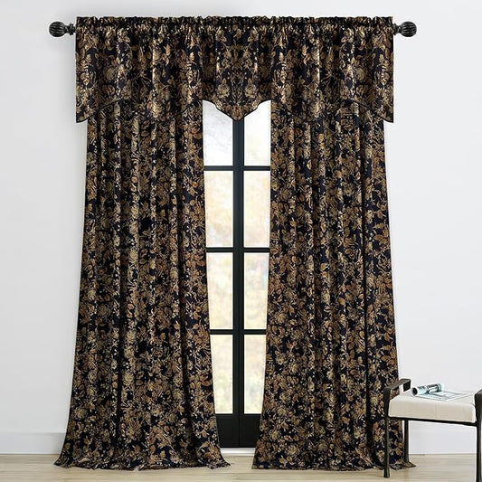 StangH Luxury Floral Printed Valance for Kitchen Window, Light Blocking Rod Pocket Velvet Drape Gold Scalloped Tier Curtain for Bedroom Living Room, W52 x L18, 1 Panel