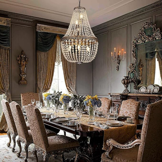 Wellmet French Empire Crystal Chandelier Farmhouse Antique Bronze Chandeliers Light Fixture, 7 Lights Adjustable Pendant Light for Dining Living Room, Bedroom, Entryway, Kitchen, Foyer, 19" W