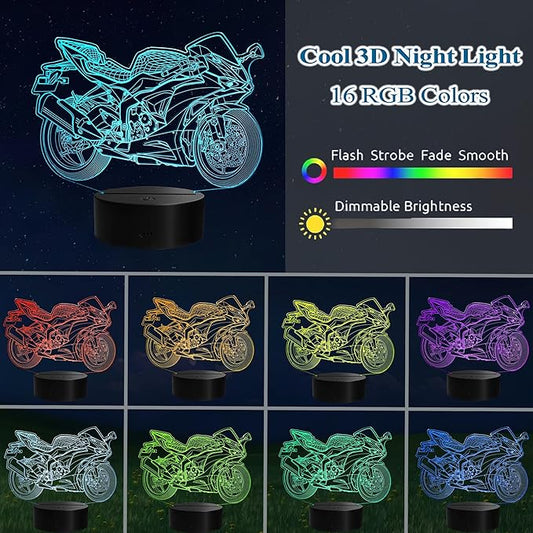 Motorcycle Night Light, Motorcycle Gifts, 3D Illusion Lamp with Remote Control, 16 RGB Colors, 4 Flashing Modes, Timer, Dimmable, Motorcycle Stuff for Decor for Holiday Birthday Christmas