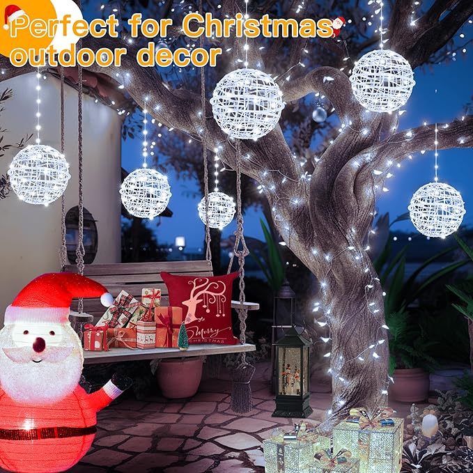 Ollny Christmas Lights Outdoor 4Pack 7.87inch, Cool White 200 LED Ball Light with Plug in Remote, 8 Modes IP67 Waterproof Connectable Sphere Tree Lights for Indoor House Yard Garage Decorations