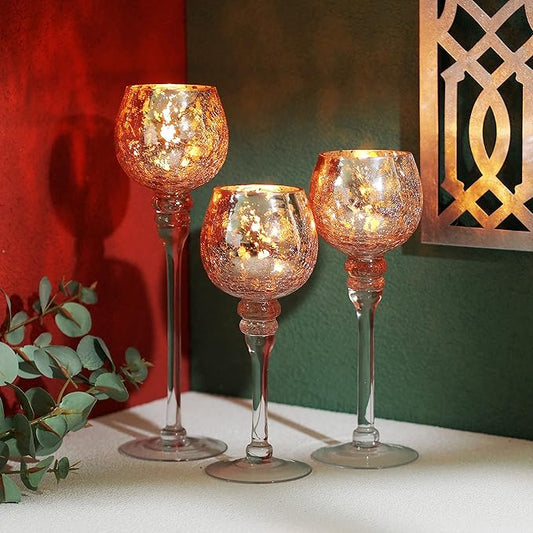 Hosley® Elevate Ambiance with Set of 3 Crackle Rose Gold Glass Tealight Holders 12 Inch, 10 Inch, 9 Inch Sophisticated Decor for Chic Candle Displays