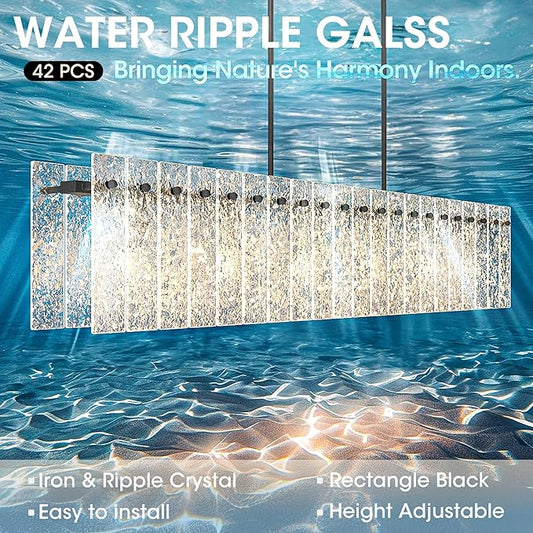 4FT Long Chandelier for Dining Room - Black Dining Room Light Fixture Linear Crystal Design with Water Ripple Glass & Large Rectangle & 6pcs MAX 60W E26 Bulbs