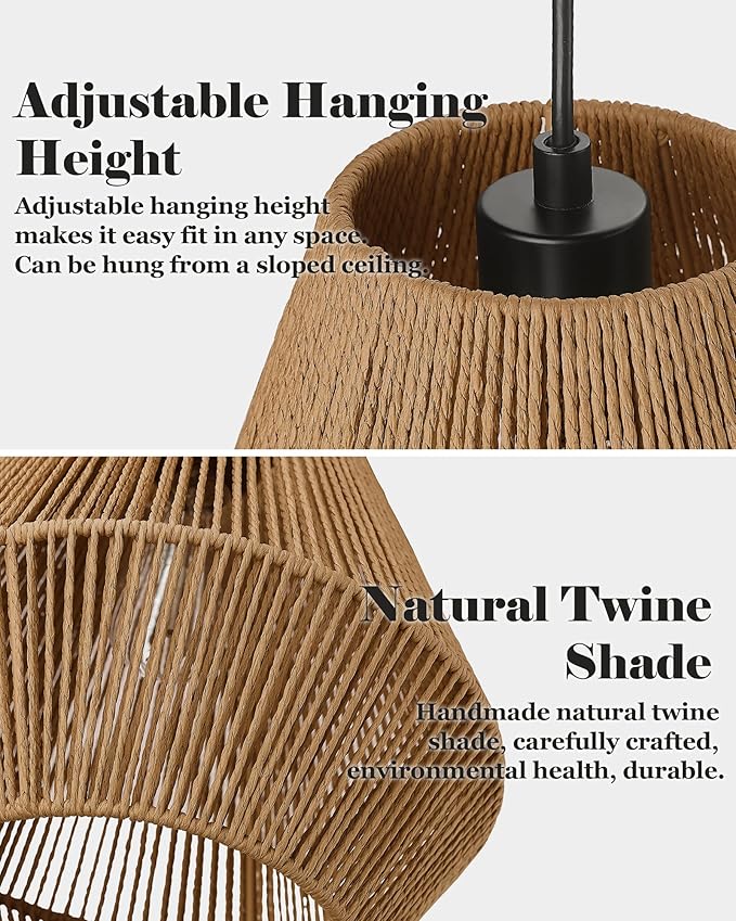 ELYONA 17” Woven Pendant Light, Modern Boho Chandelier Handwoven Rattan Basket Shade, Rustic Pendant Light Fixtures Farmhouse Ceiling Hanging Lamp for Dining Room, Kitchen Bedroom, Entryway, Foyer