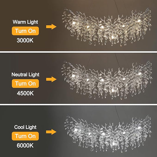 Modern Crystal Tree Branches Chandelier, 40in Silver 10 Lights Large Ceiling Hanging Light for Dining Room, Arc Raindrop Pendant Light Fixture