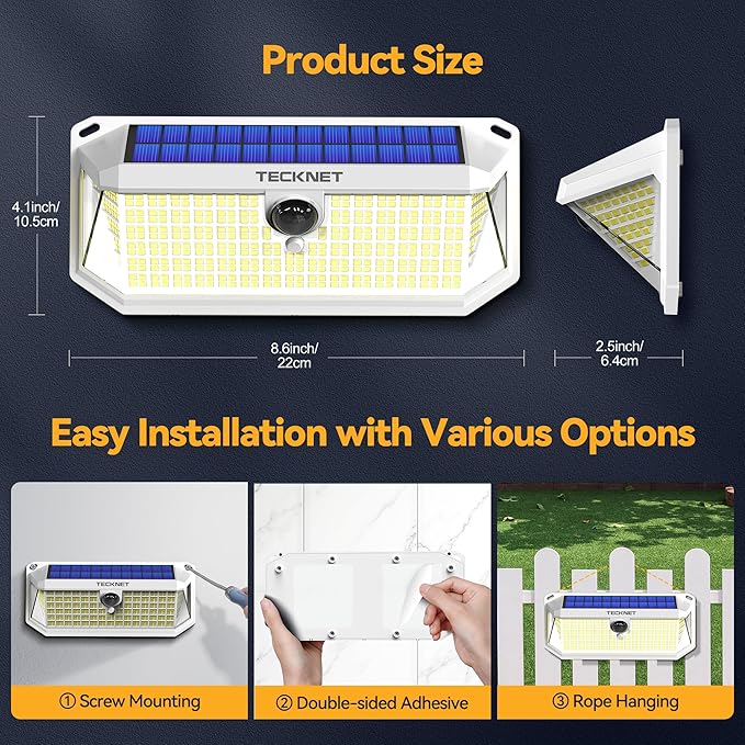 TECKNET 416 LED Solar Powered Outdoor Lights, 300° Angle & 3 Lighting Modes Motion Sensor Light Outdoor, Security Solar Lights Waterproof - 2 Pack, White, Cold Light