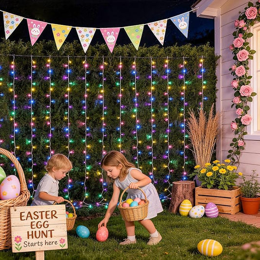 JMEXSUSS 300LED Easter Decorations Curtain Lights with Remote, 9.8x9.8ft Easter Sting Lights Plug in for Bedroom Wall Window Party Backdrop Porch Patio Garden Yard Indoor Outdoor Decor