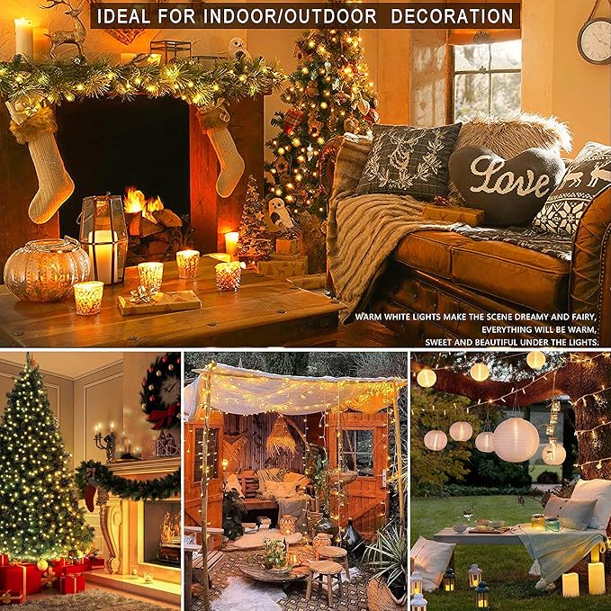 Warm White Christmas Lights,33ft 100LED String Lights,Twinkle Lights Plug in with 8 Modes, Indoor Outdoor for Holiday, Wedding, Birthday,Valentine's Day and Christmas Decor-Warm White