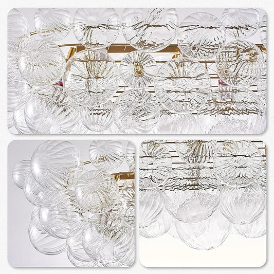 Longree Nordic Bubble Ball Swirled Glass Chandelier Long 50 inch Rectangular Island Light Fixture Gold and Clear Blown Glass Lighting for Dining Table, Living Room