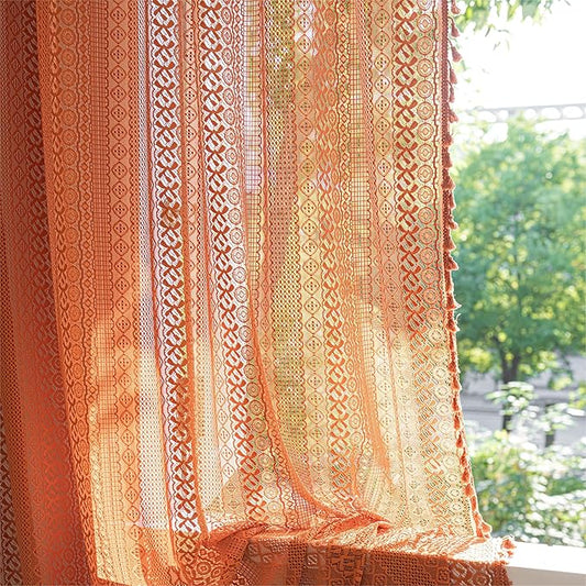 Sutuo Home Boho Curtains for Bedroom Living Room Kitchen,Crochet Lace Sheer Bohemian Hollow with Tassels,Window Treatment Drapes for Halloween Decor, Rod Pocket 1 Panel 59" W x 96" L, Burnt Orange