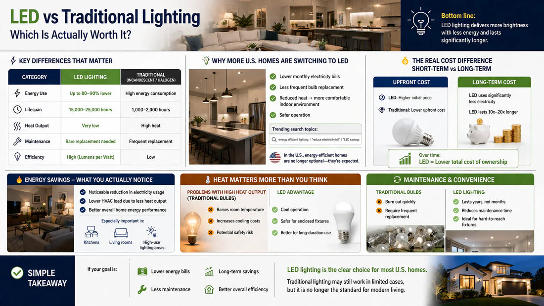 LED lighting uses less energy, lasts longer, and reduces maintenance compared to traditional bulbs, making it more practical for everyday home use.