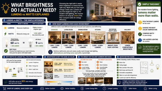 Lumens measure brightness, while watts measure energy use. Learn how to choose the right LED brightness for bedrooms, kitchens, living rooms, and everyday home comfort.