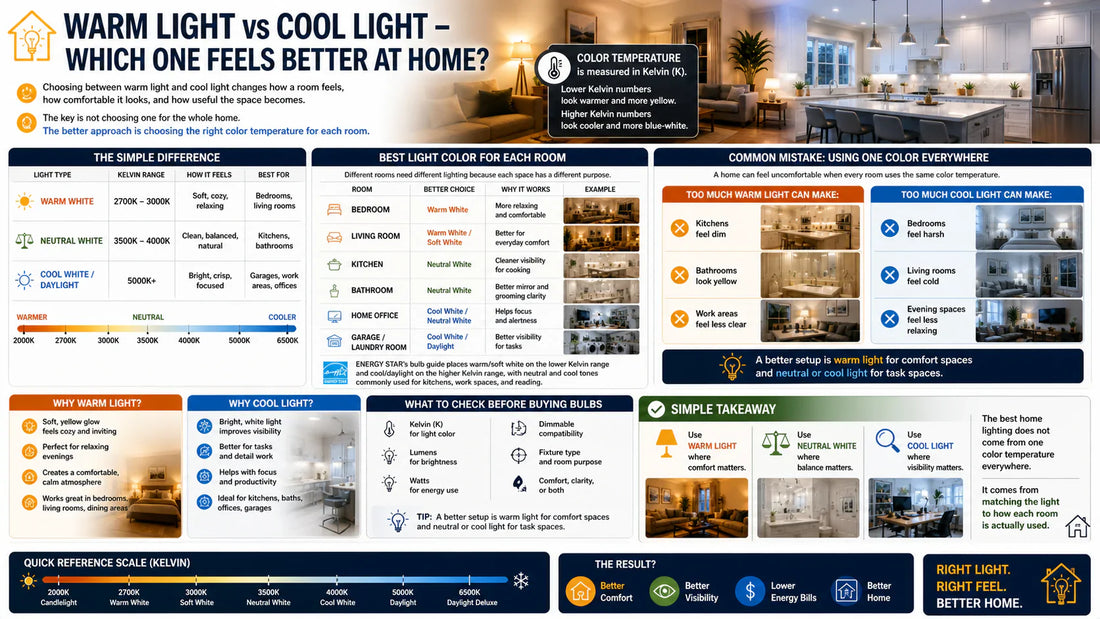 Warm light creates comfort, while cool light improves visibility. Learn how to choose the right color temperature for bedrooms, kitchens, bathrooms, and work areas.