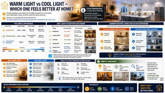 Warm light creates comfort, while cool light improves visibility. Learn how to choose the right color temperature for bedrooms, kitchens, bathrooms, and work areas.