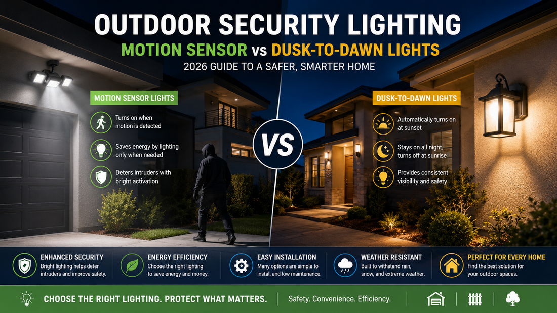 Modern home exterior comparing motion sensor lights and dusk-to-dawn outdoor security lighting for nighttime safety and visibility