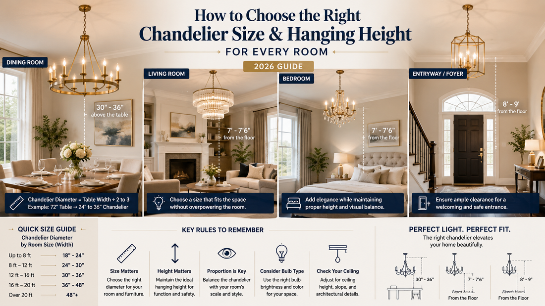 Learn how to choose the right chandelier size and hanging height for dining rooms, living rooms, bedrooms, and entryways with practical 2026 sizing tips.