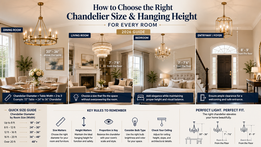 Learn how to choose the right chandelier size and hanging height for dining rooms, living rooms, bedrooms, and entryways with practical 2026 sizing tips.