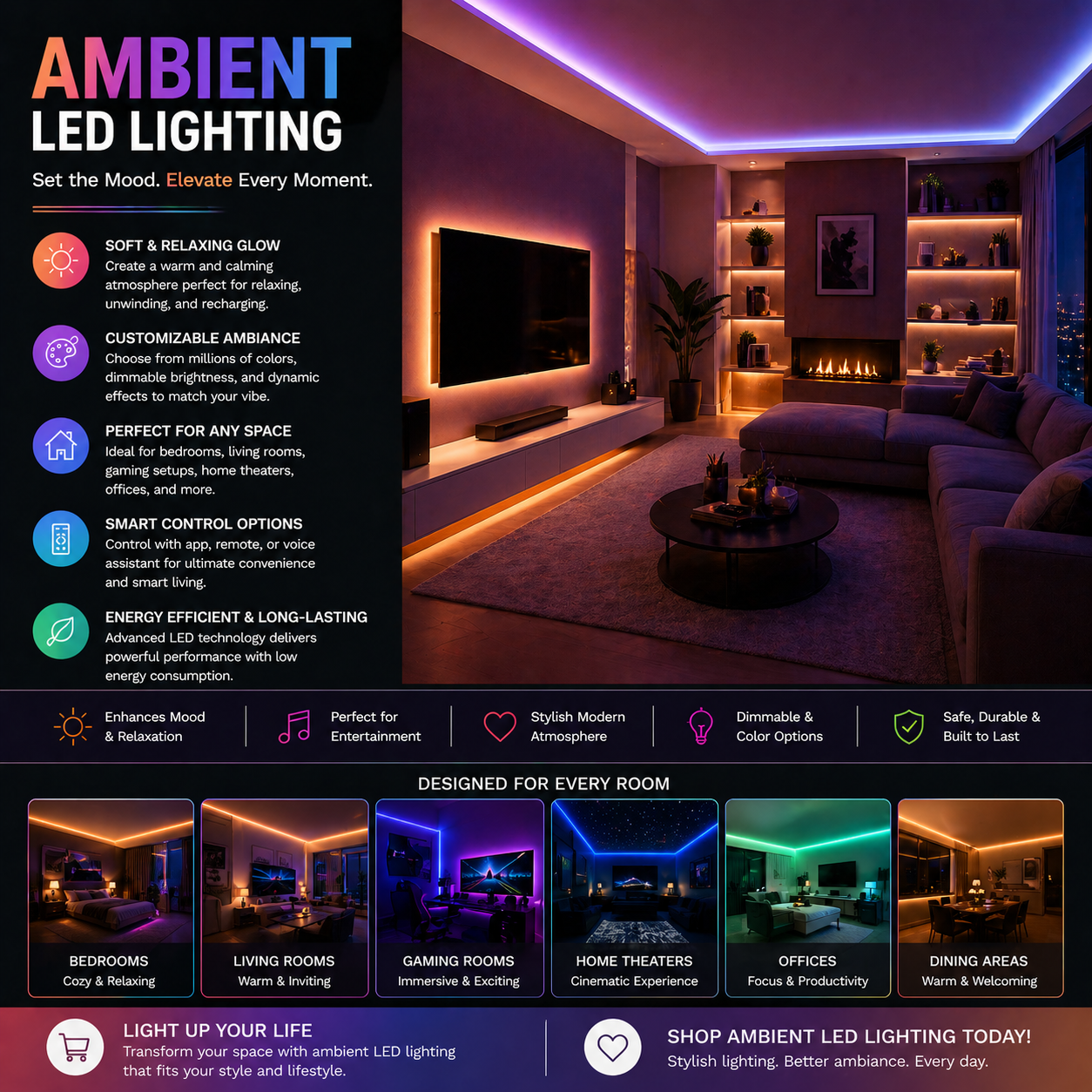 Ambient LED lighting in modern living room with soft warm mood lighting and stylish American home interior