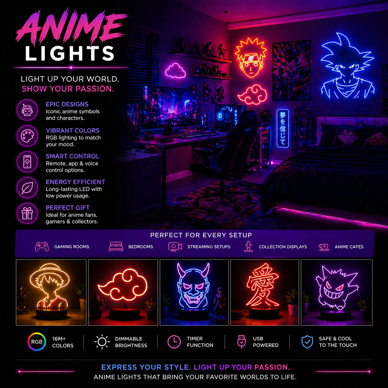 Anime lights with LED neon signs and gaming room anime décor for stylish fan room setup