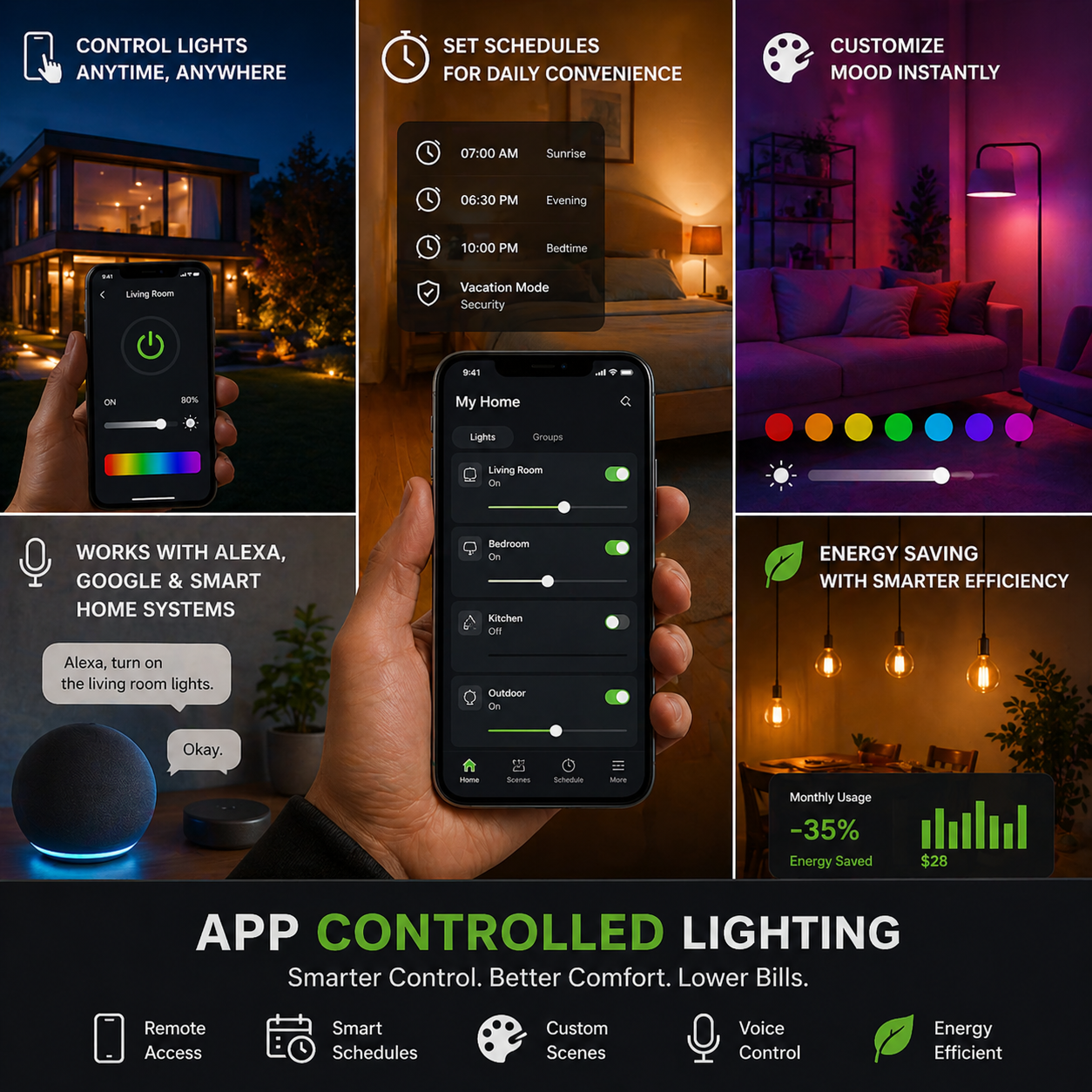 App controlled smart lighting with WiFi LED bulbs and smartphone remote access for modern home lighting