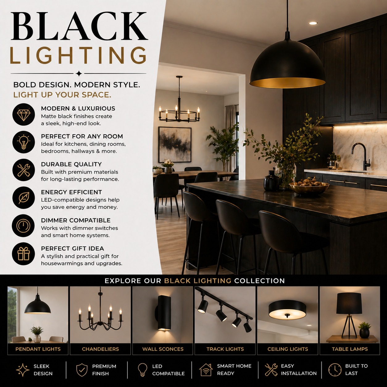 Black lighting with matte black chandeliers and modern designer fixtures for stylish luxury home interiors