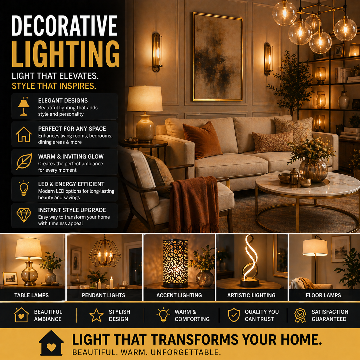 Elegant decorative lighting fixtures in stylish luxury living room interior