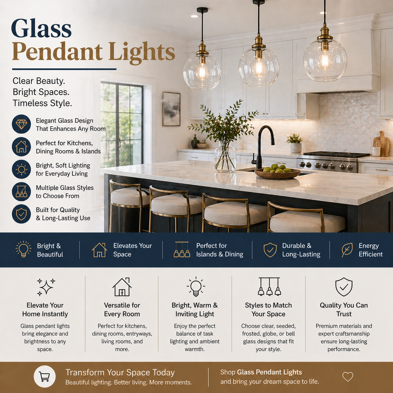 Elegant glass pendant lights above modern kitchen island in bright stylish American home