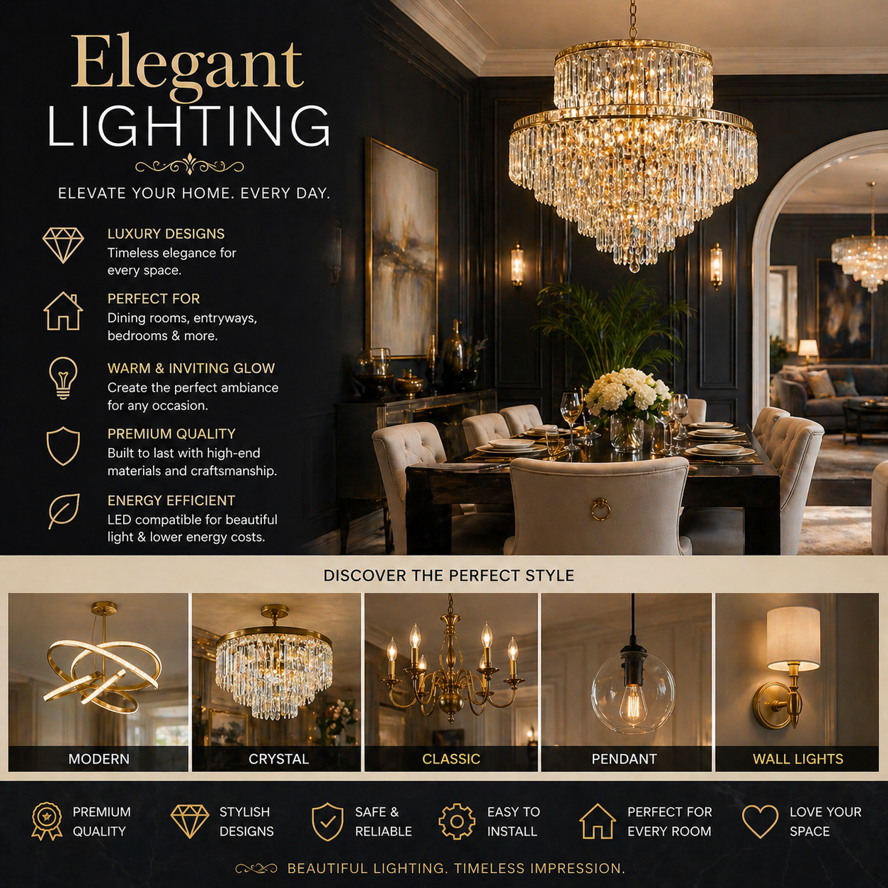 Elegant lighting with luxury chandeliers and premium decorative fixtures for stylish modern home interiors