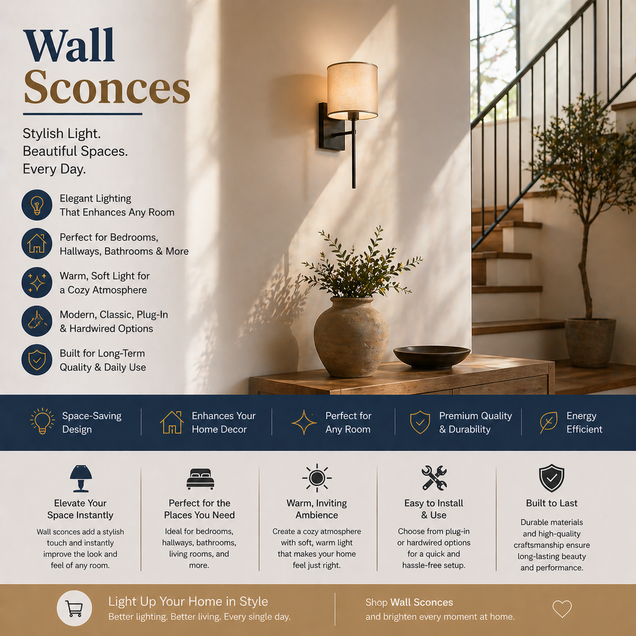 Elegant wall sconces lighting in modern bedroom and stylish American home interior