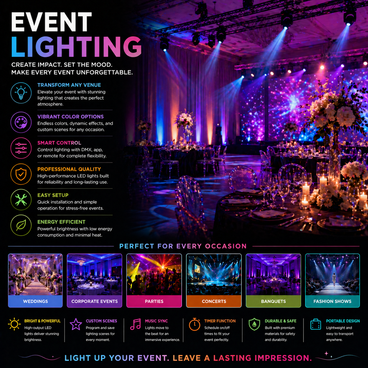 Event lighting with LED stage lights uplighting and professional lighting setup for weddings parties and events