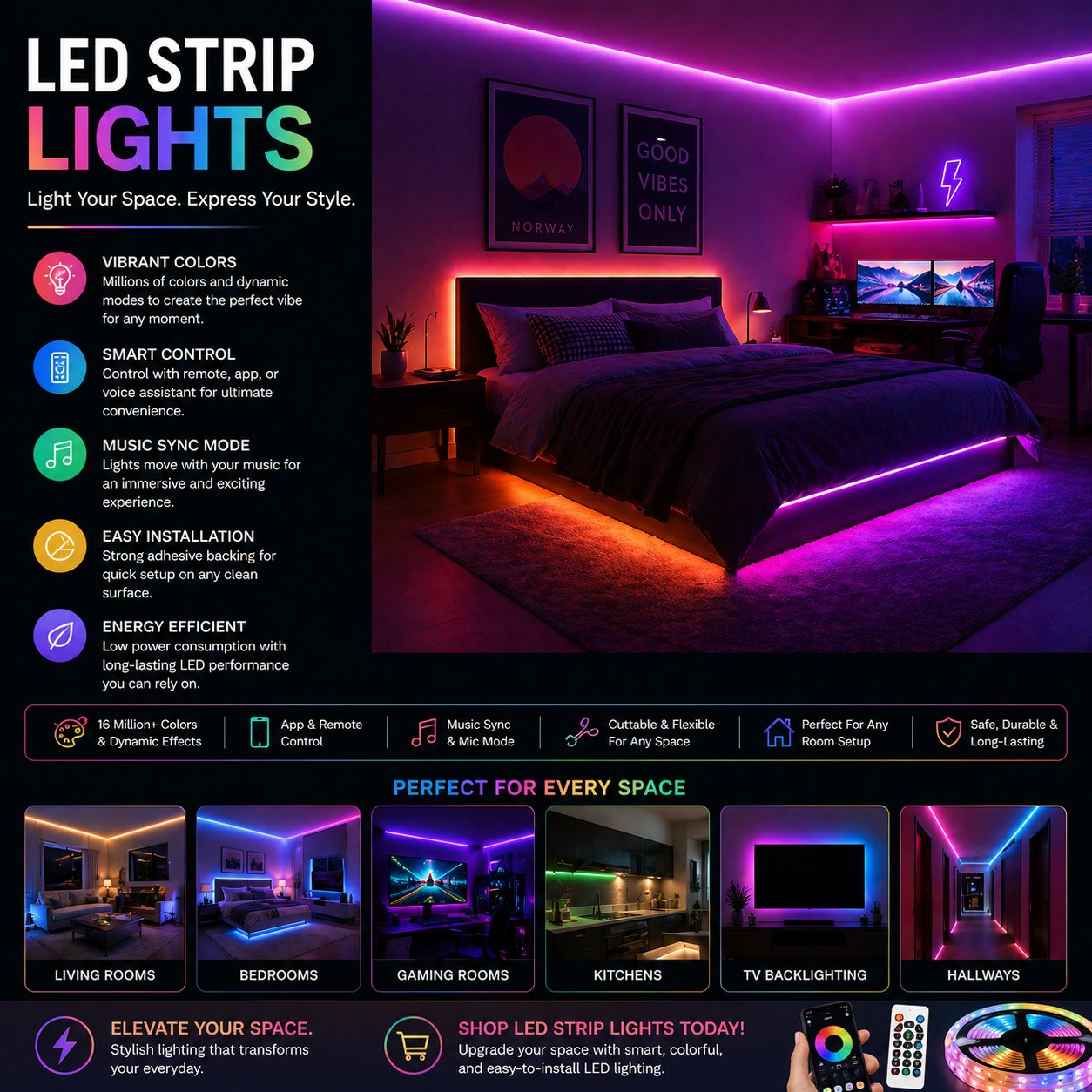 LED strip lights in modern gaming room and stylish bedroom with colorful ambient lighting