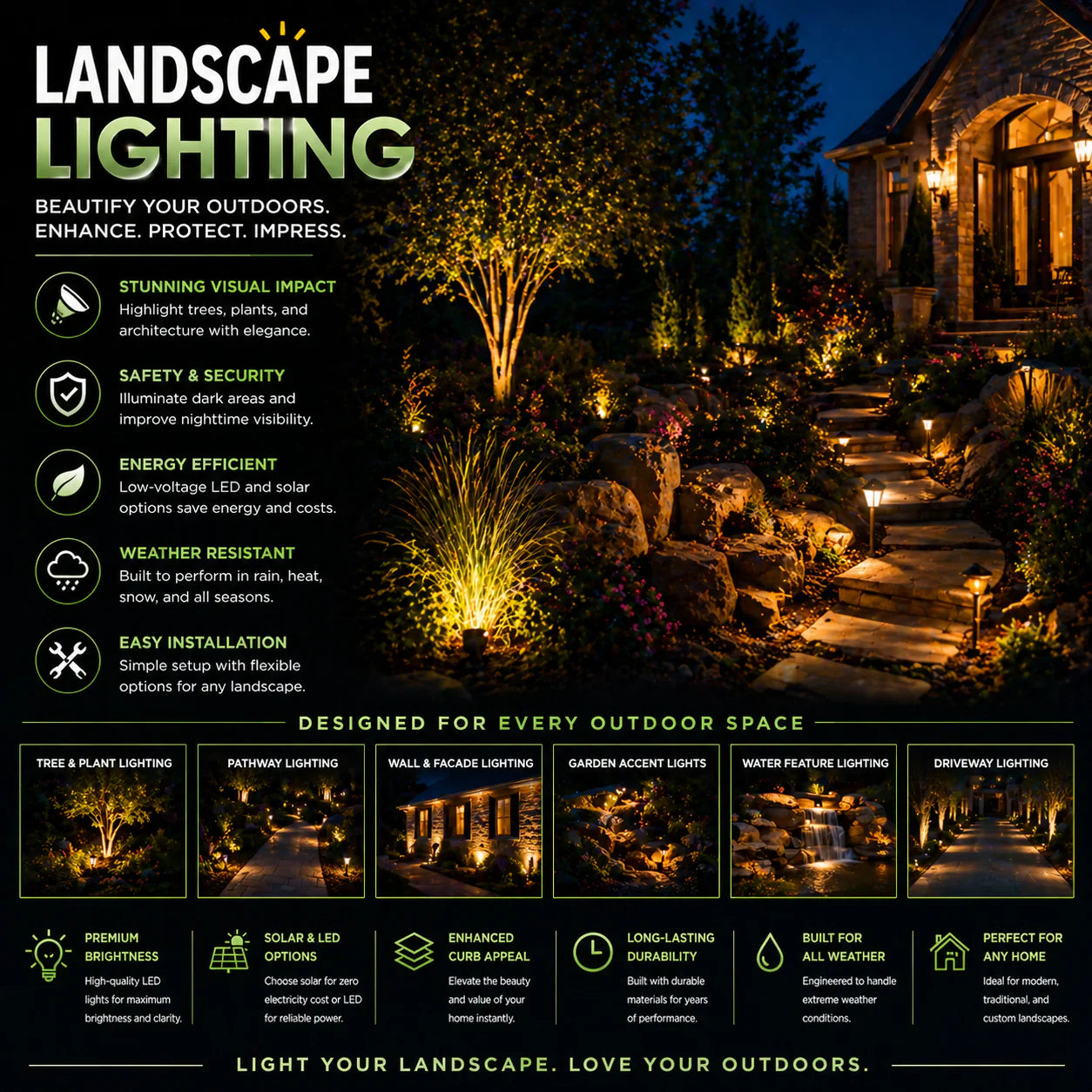 Landscape lighting with outdoor garden lights spotlights and LED yard lighting for modern outdoor spaces