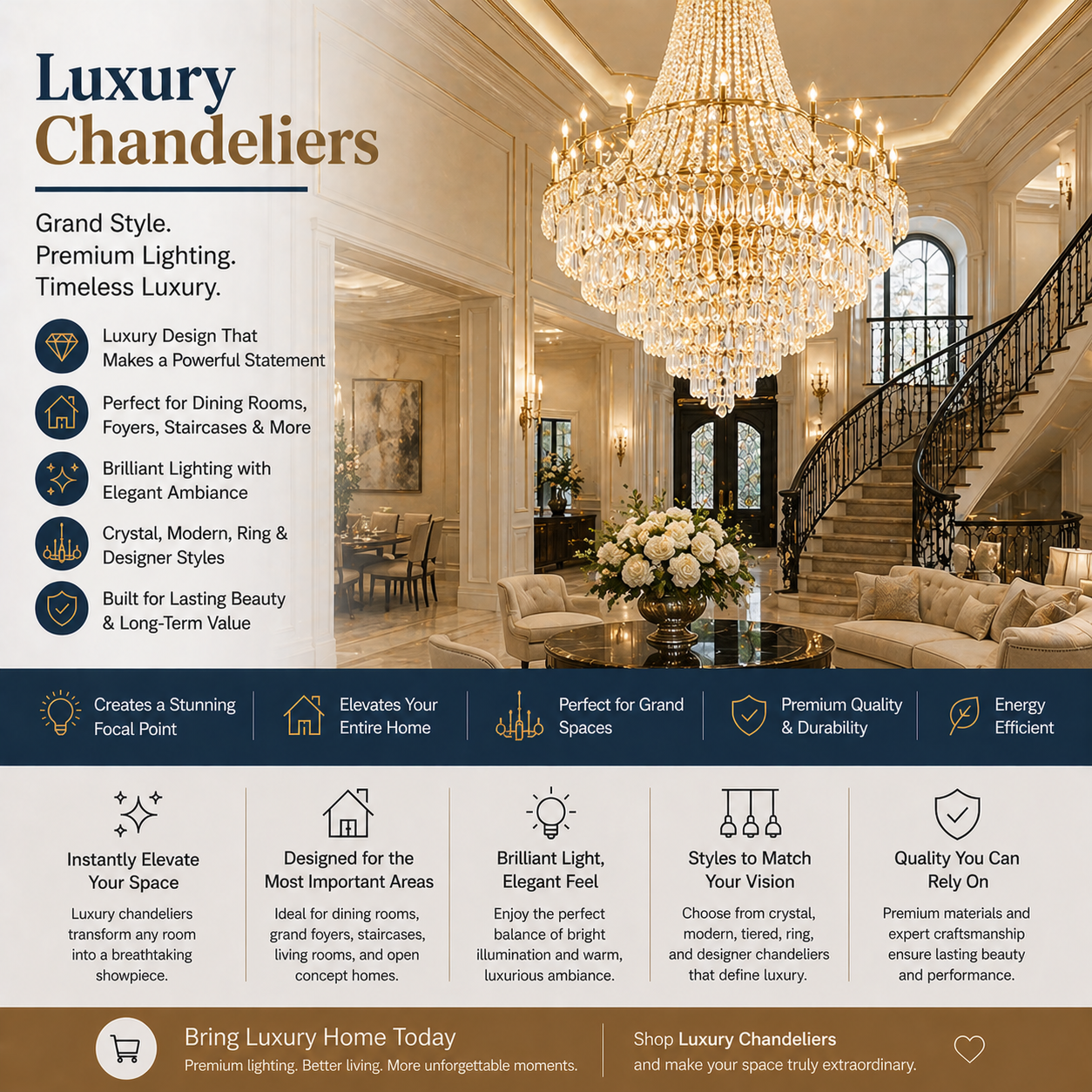 Luxury chandelier lighting in grand foyer with elegant staircase and high-end American home interior