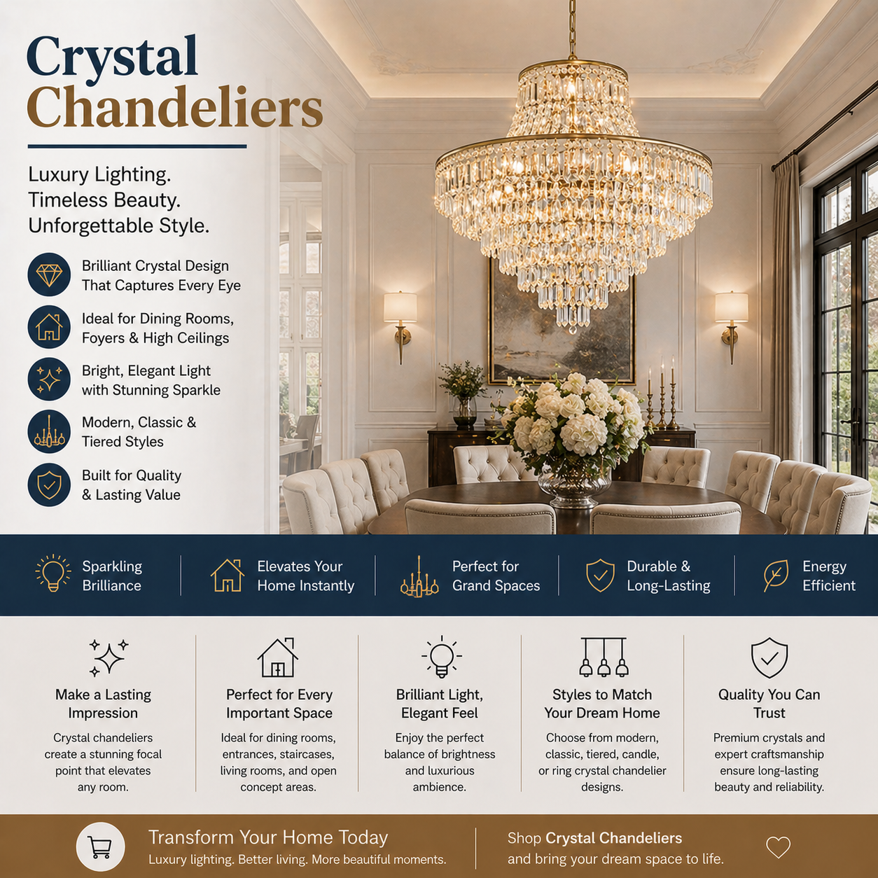 Luxury crystal chandelier in elegant dining room with high ceiling in stylish American home