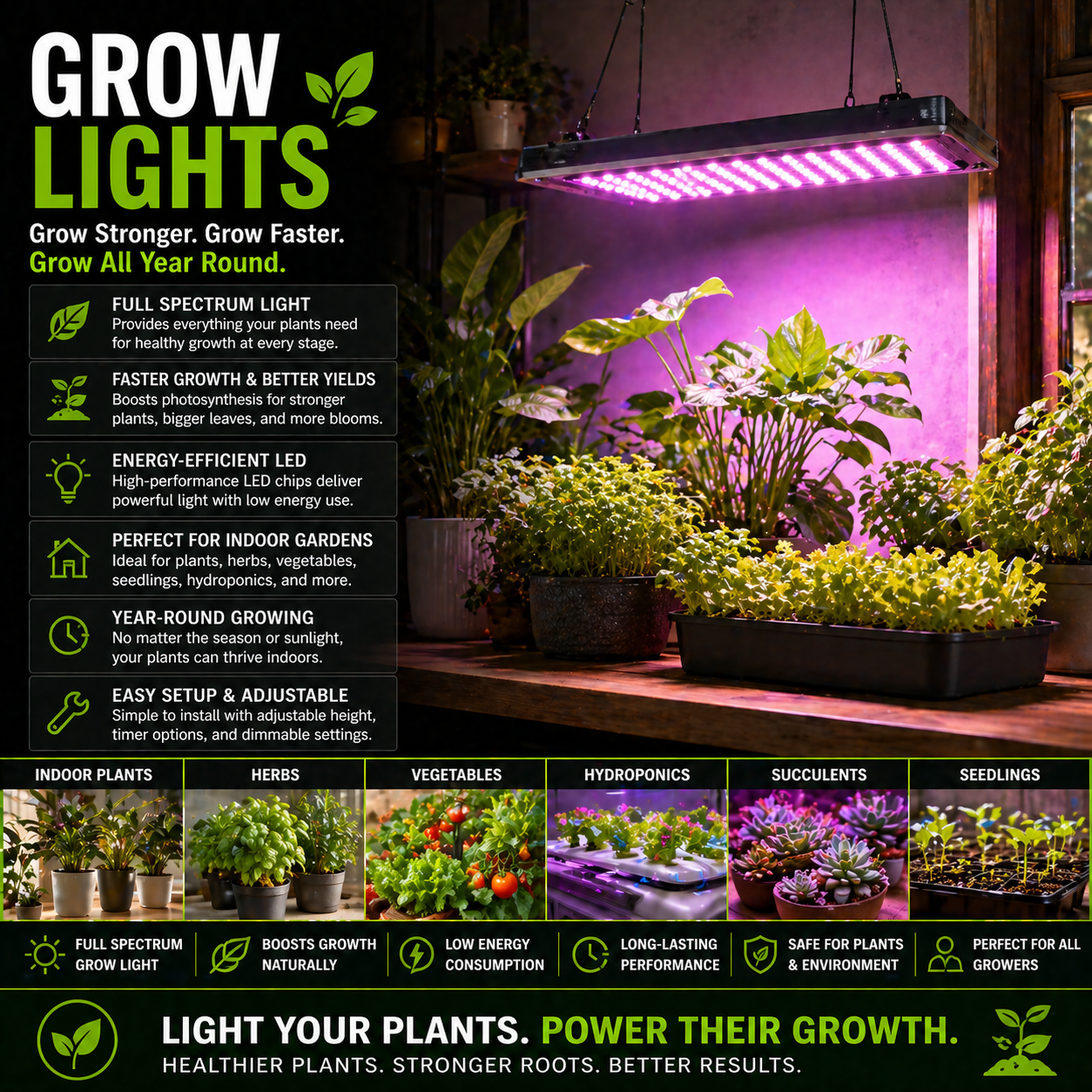 Modern LED grow lights for indoor plants herbs and hydroponic gardening setup