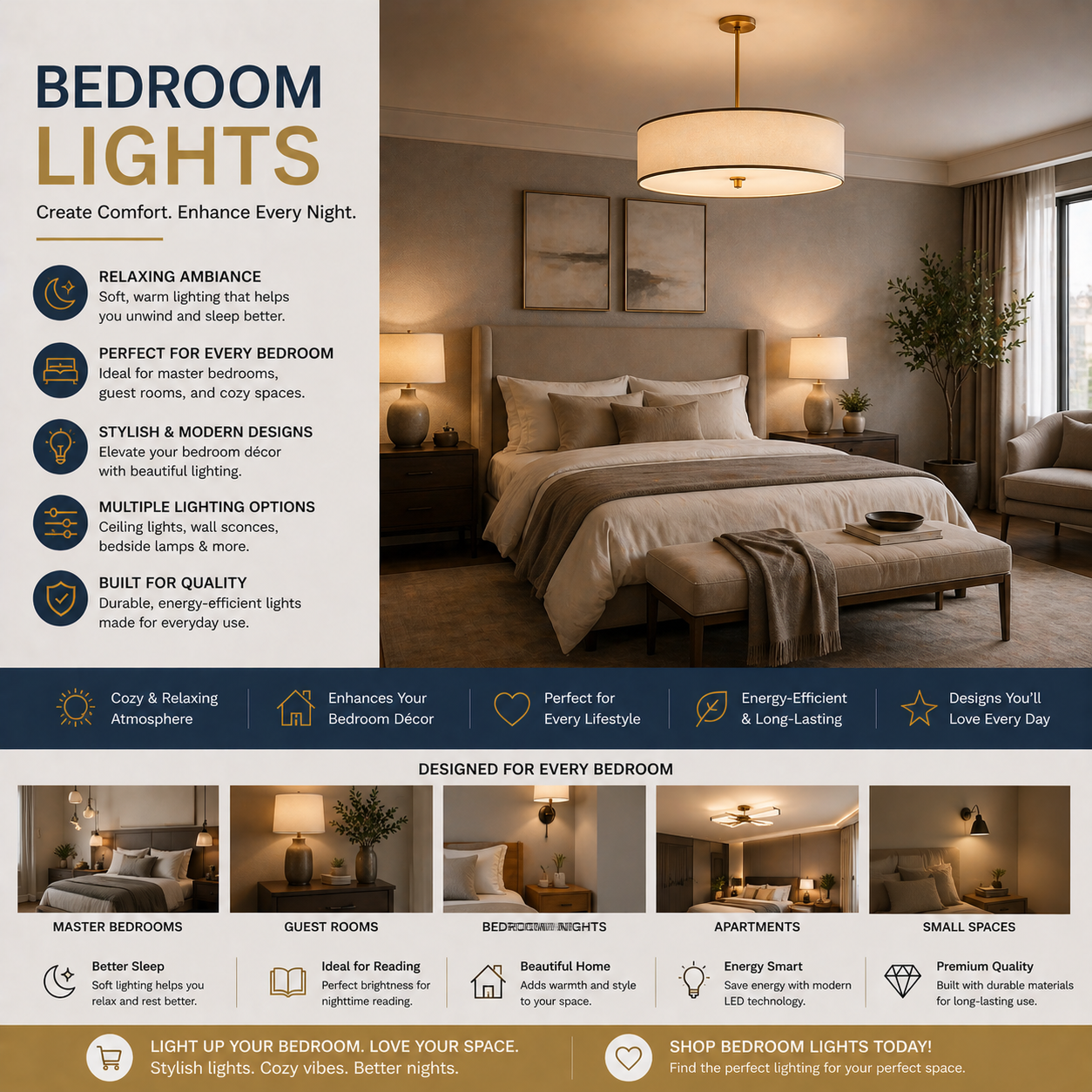 Modern bedroom lights with warm ceiling lighting and elegant bedside lamps in stylish American home interior