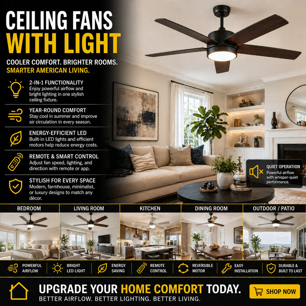 Modern ceiling fans with light in stylish bedroom and living room home interior