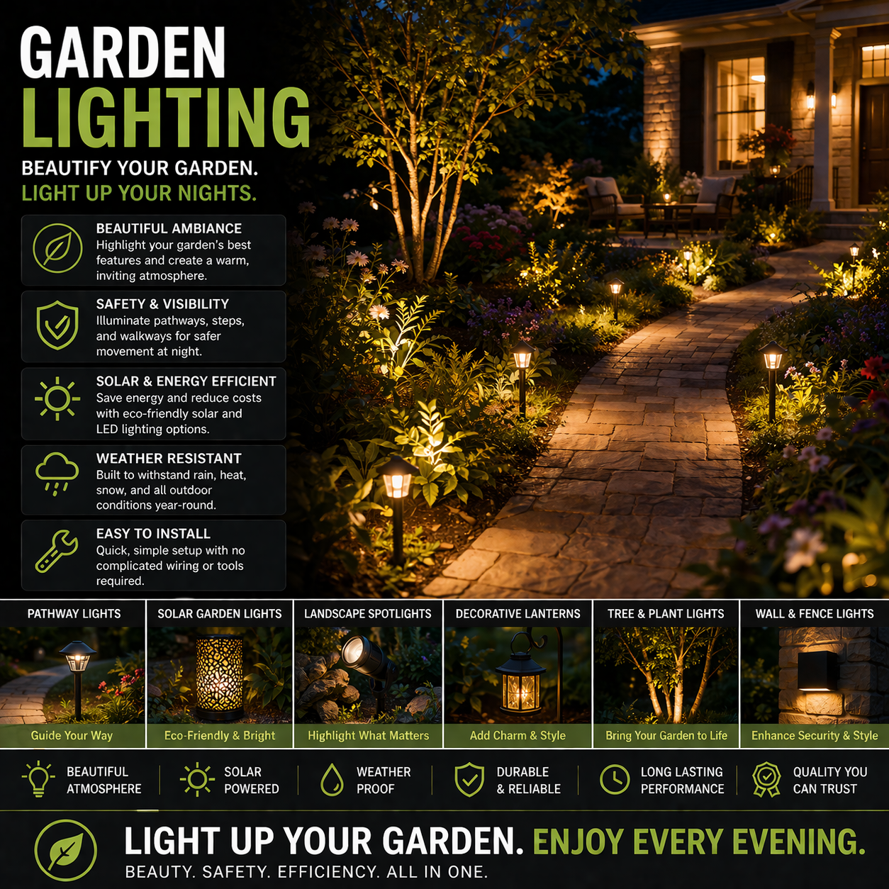 Modern garden lighting with pathway lights and solar landscape fixtures in stylish outdoor home garden