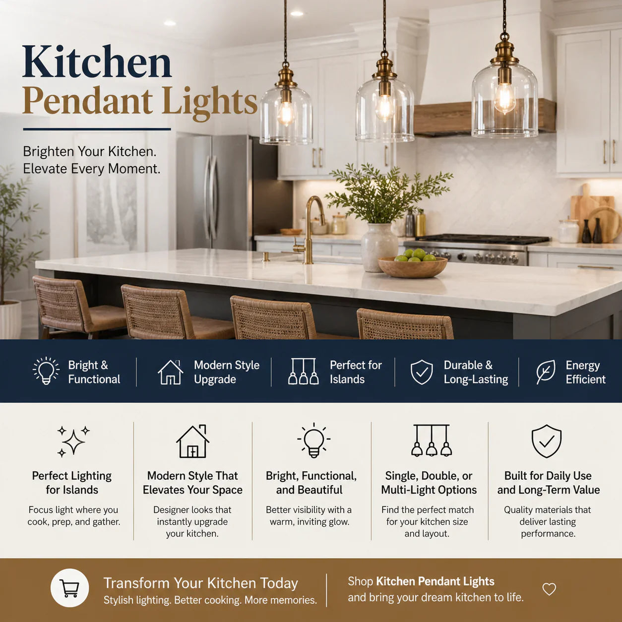 Modern kitchen pendant lights above island counter in stylish American home