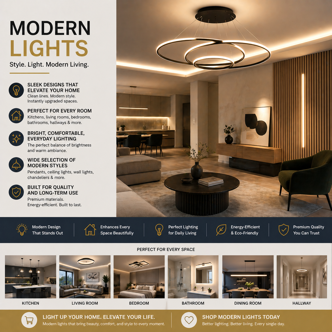 Modern lighting fixtures in stylish contemporary American home interior with elegant ceiling lights
