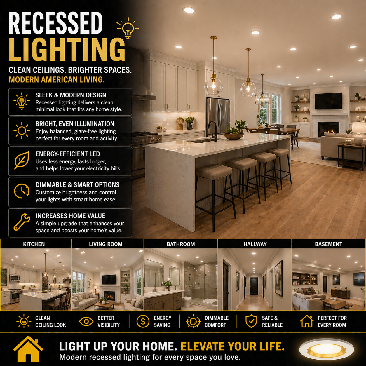 Modern recessed lighting with LED ceiling downlights in stylish home interior