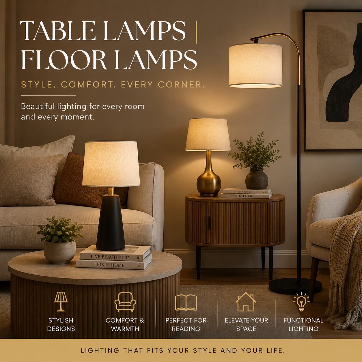Modern table lamps and floor lamps illuminating a stylish living room interior