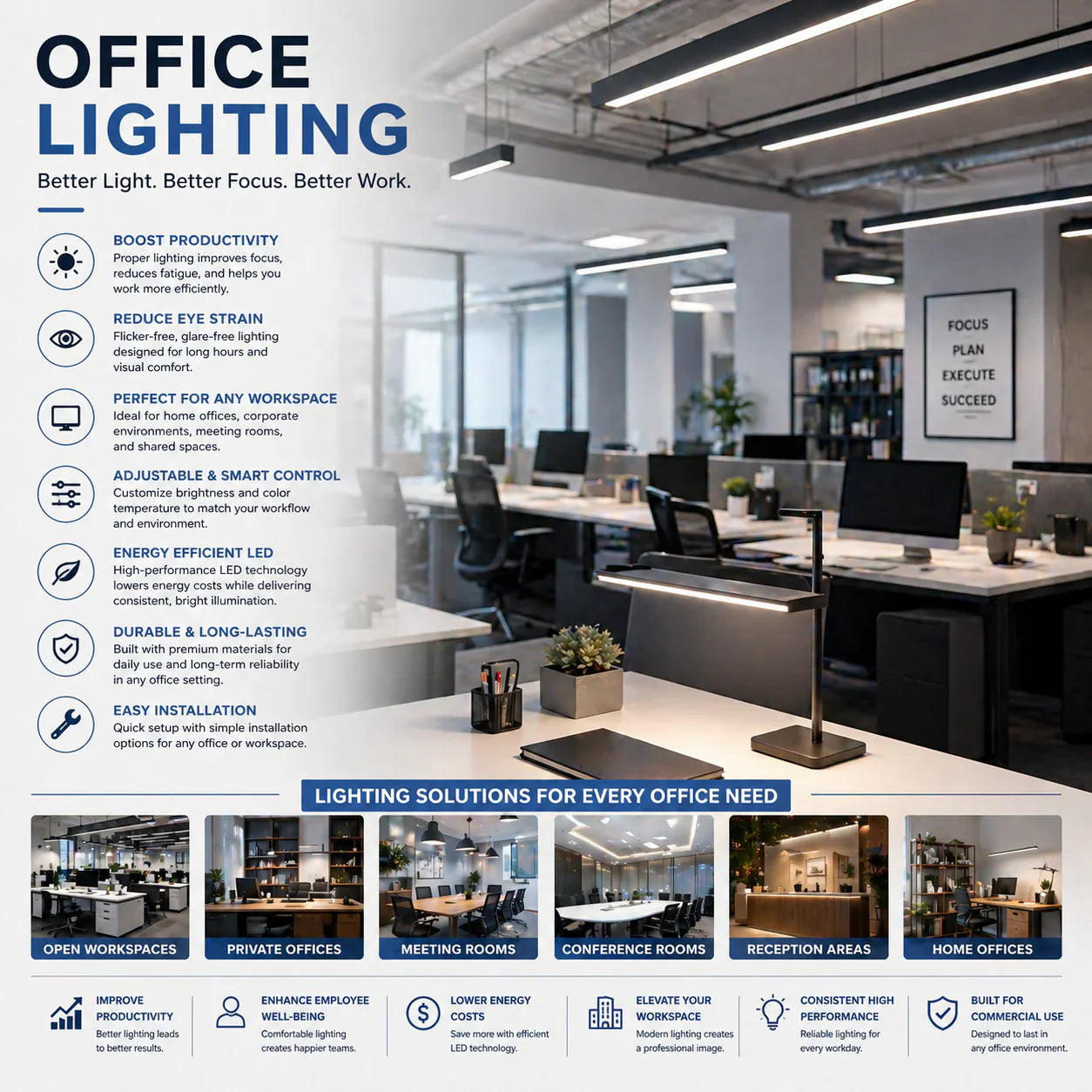 Office lighting with LED desk lamps and workspace lighting for productivity and modern office environments