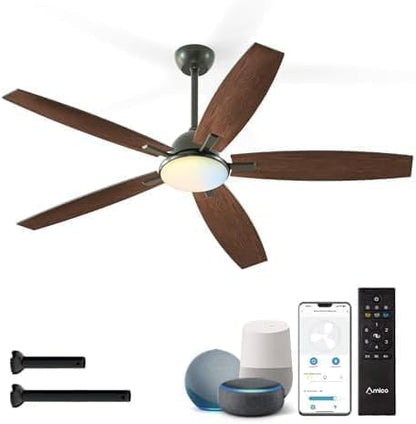 Amico Ceiling Fans with Lights, 60 inch Smart Ceiling Fan with Remote/APP/Alexa Control, Reversible DC Motor, 5 Blades, 6 Speeds, 3CCT, Dimmable, Noiseless, Ceiling Fan for Farmhouse, Bedroom, Brown