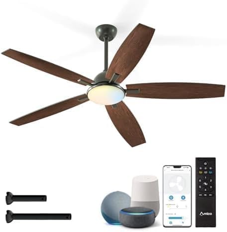 Amico Ceiling Fans with Lights, 60 inch Smart Ceiling Fan with Remote/APP/Alexa Control, Reversible DC Motor, 5 Blades, 6 Speeds, 3CCT, Dimmable, Noiseless, Ceiling Fan for Farmhouse, Bedroom, Brown
