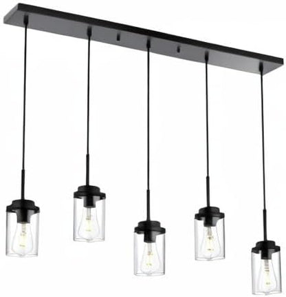 MELUCEE Kitchen Island Lighting Modern 5 Lights Linear Chandeliers for Dining Room, Industrial Black Pendant Light Fixtures Ceiling Hanging with Clear Glass Shade, 37 Inches Length