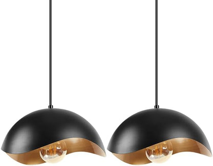 Modern Wave Pendant Light, 11" Black and Gold Dome Shade, LED Ceiling Light Fixture with Globe Bulb, Contemporary Hanging Light for Kitchen, Dining Room, Bedroom (2 Pack)